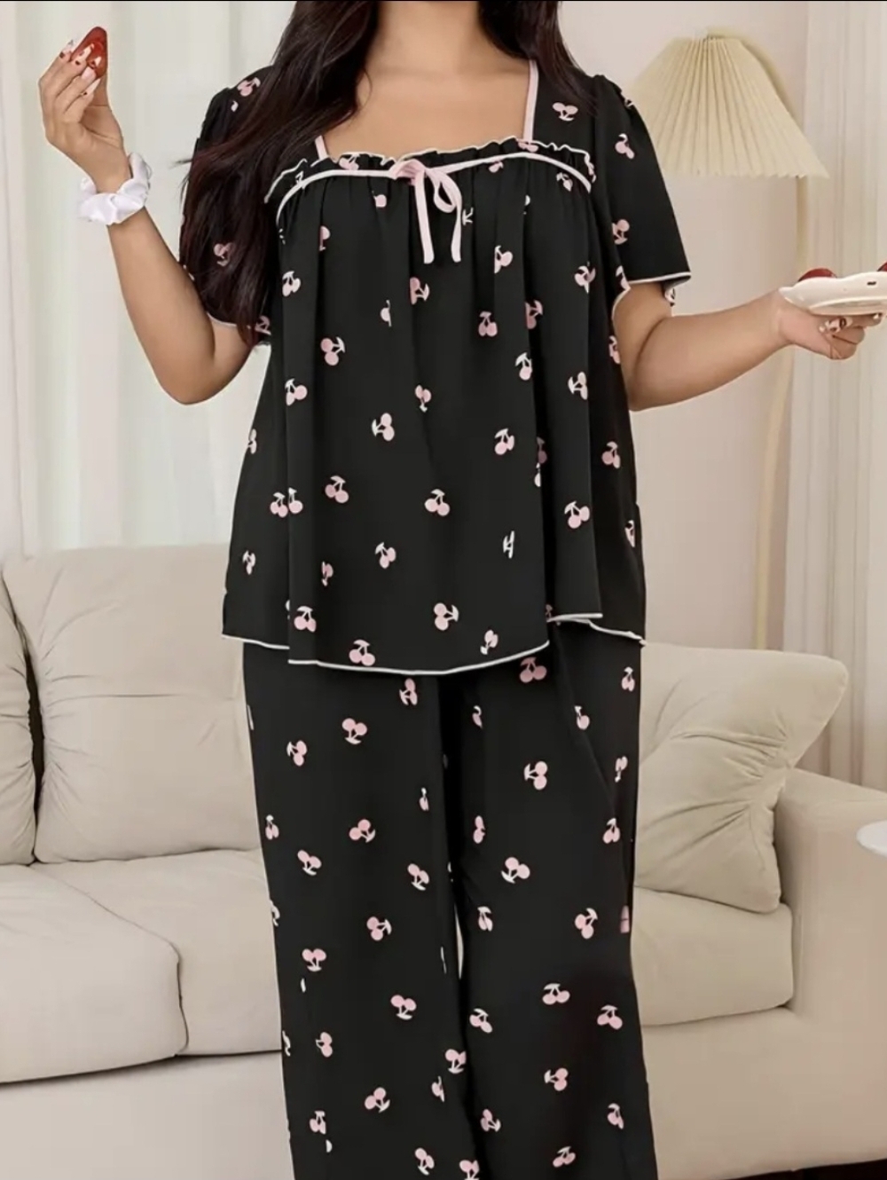 Women's Black Cherry Print Two-Piece Pajama Set